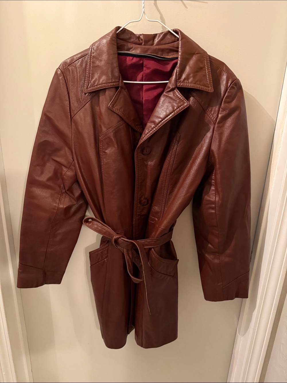 Vintage Brown Leather Trench Coat with Belt